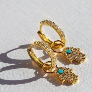 YOU PICK!  Gold Pave Huggies + you pick charm Bolt, Hamsa Hand or Evil Eye